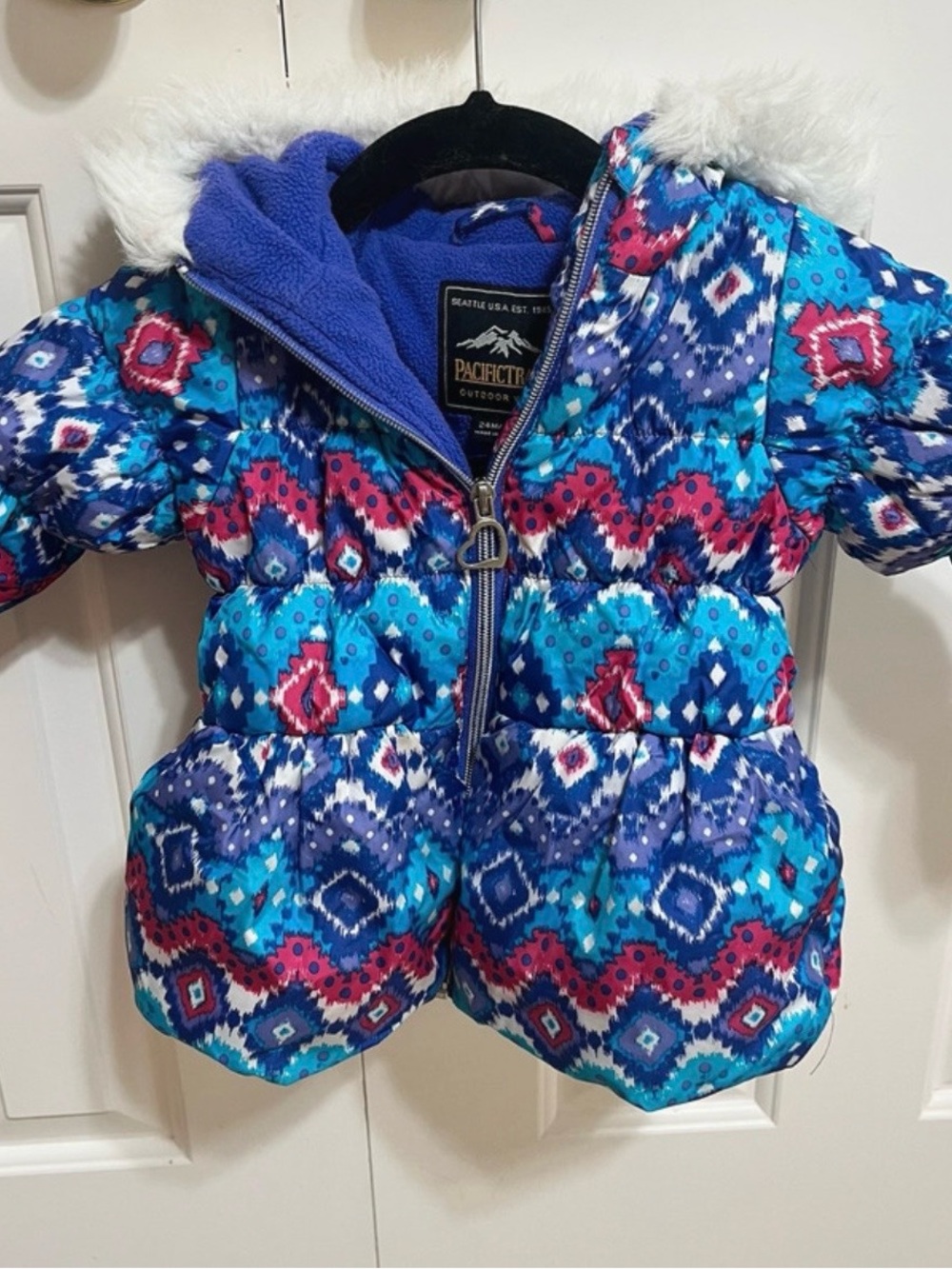 Pacific Trail Girls' Blue & Pink Patterned Puffer Jacket with Faux Fur Hood-2T